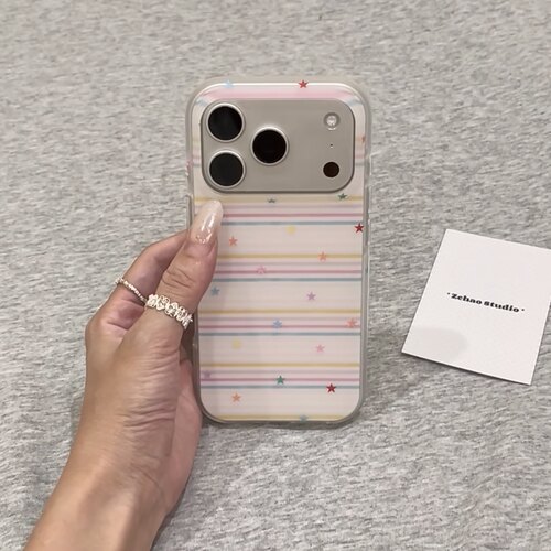 ins彩色条纹星星圆边双层适用苹果17promax手机壳iPhone16新款保护套15 /14/13全包硅胶防摔日韩