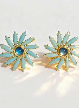 现货yl新款蓝色小雏菊花朵港风中古vintage耳夹女新品包邮时尚ins