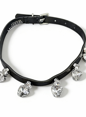 Vintage复古黑色牛皮爱心水晶吊坠颈圈项链女新品百搭简约ins港风