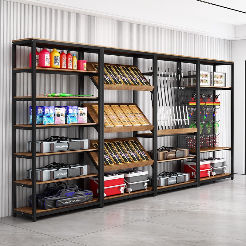 渔具店货架展示架多层置物架鱼竿陈列架挂钩架饵料货架成套组合架