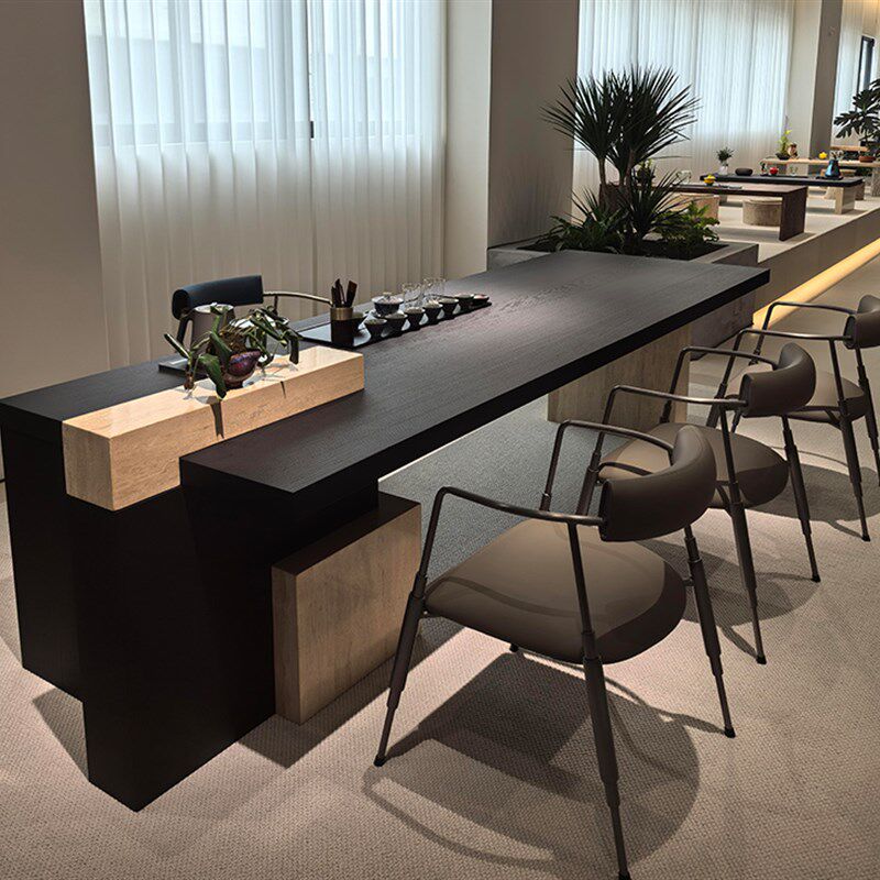 意式轻奢实木茶桌椅组合现代简约茶空间黄洞石岩板泡茶桌高级茶台