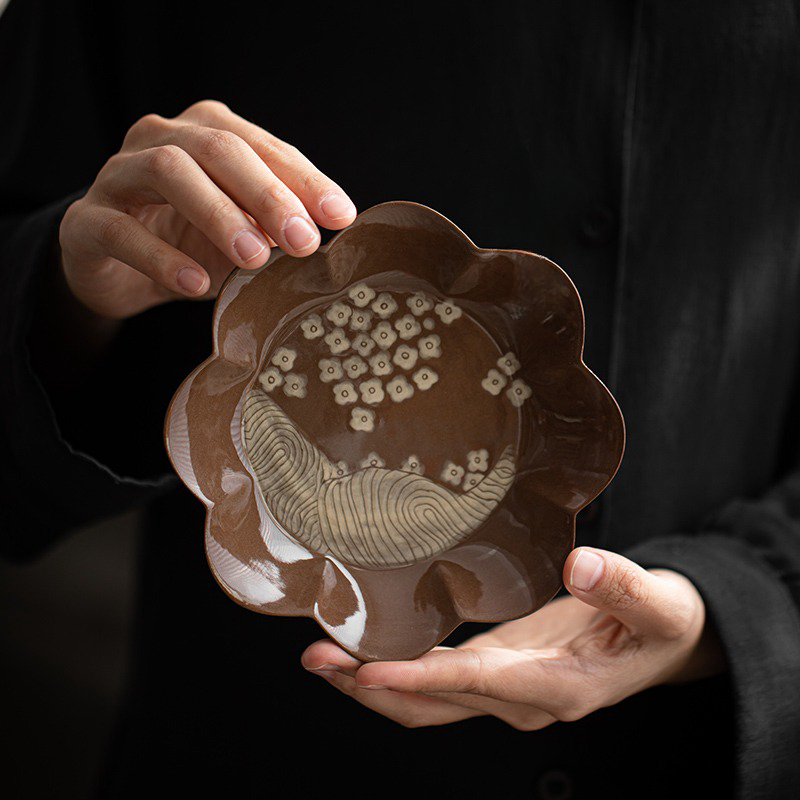 又左见右粉引手绘剔花粗陶壶承茶盘家用覆古茶壶托盘茶托茶点果盘