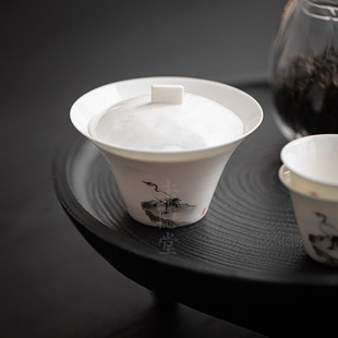 羊脂玉瓷家用白瓷盖碗纯手绘仙鹤中式复古泡茶碗防烫手抓碗