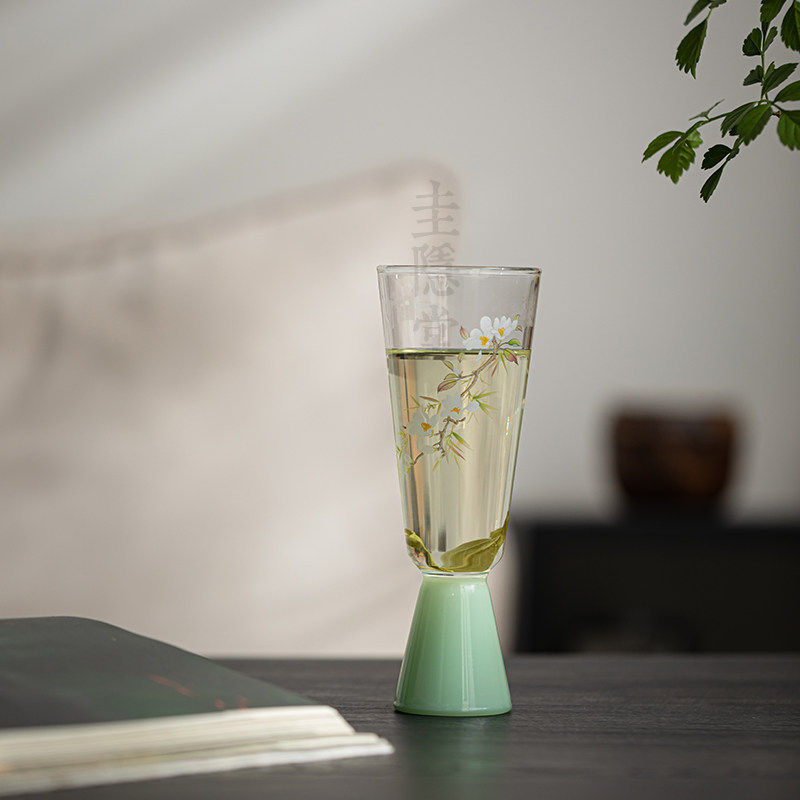 耐热玻璃透明高足茶杯家用绿茶品茗杯子单杯手工贴花主人杯