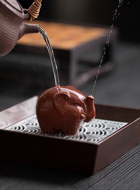 紫砂喷水小象茶宠茶玩手工陶泥可养茶壶盖置茶搁文玩茶桌小摆件