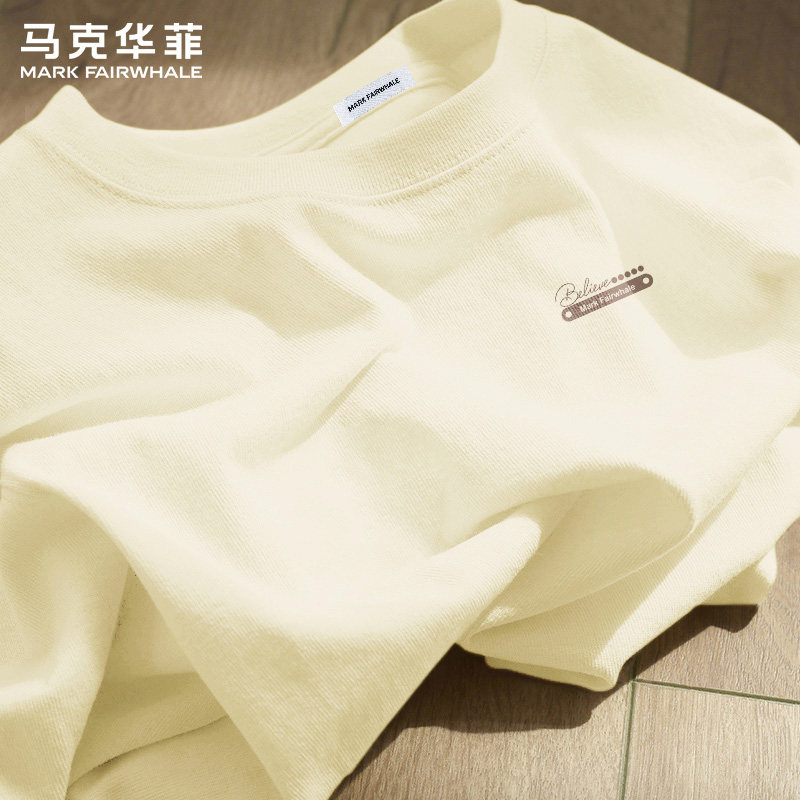 马克华菲夏季新款米白短袖T恤男款纯棉宽松休闲字母印花上衣潮牌