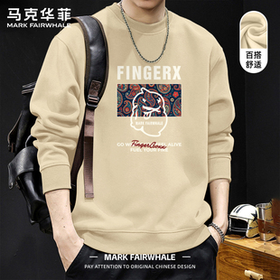 马克华菲春季美式字母印花无帽卫衣男款慵懒风圆领套头宽松上衣服