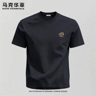 马克华菲男士纯棉短袖T恤夏季新款宽松圆领莲花印花黑色半袖上衣