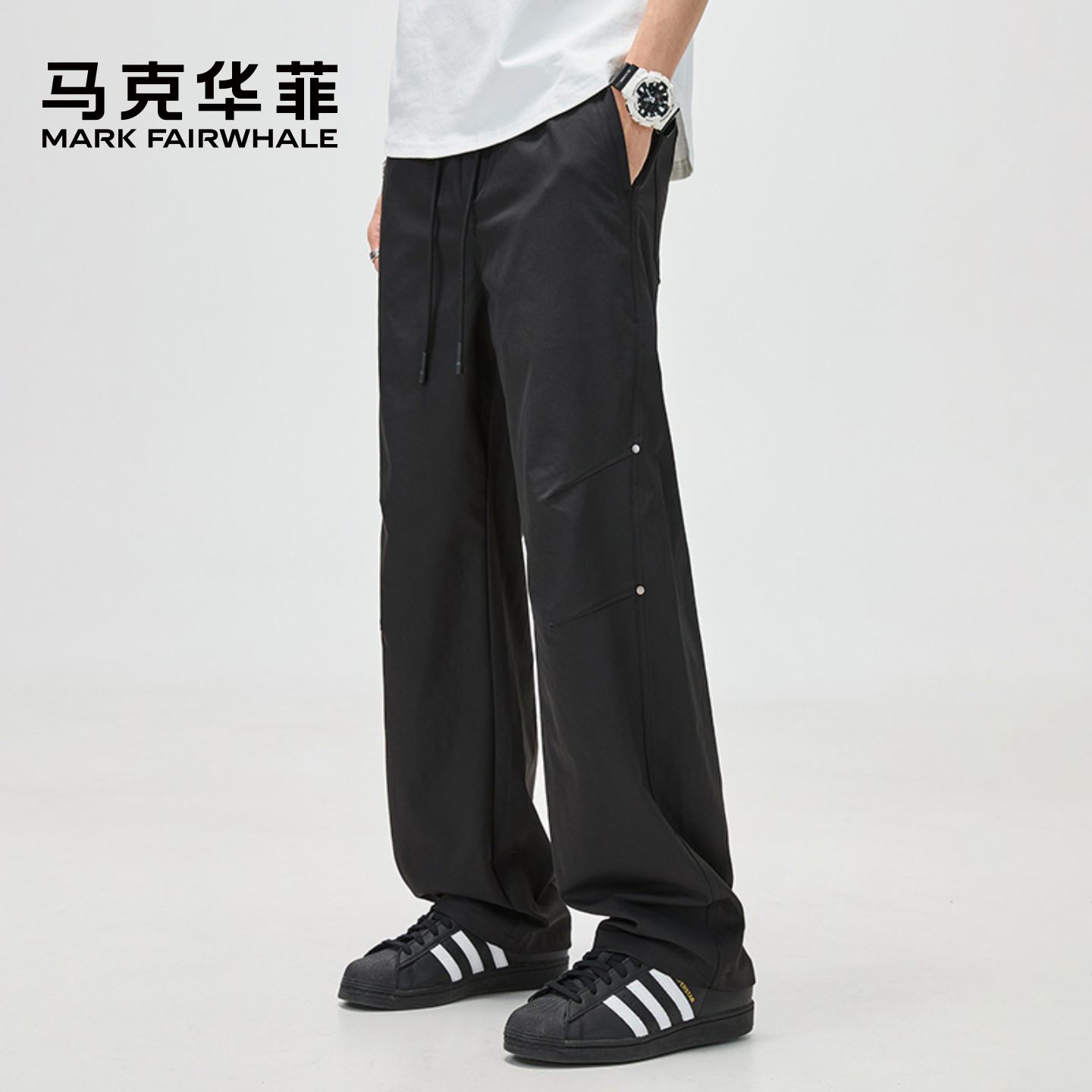 马克华菲美式铆钉设计直筒休闲裤