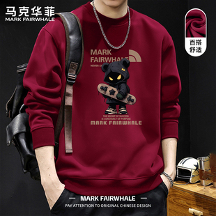 马克华菲2026新款酒红色圆领卫衣男款潮牌印花长袖百搭宽松上衣服