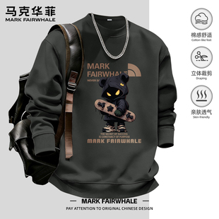 马克华菲2026新款重磅潮牌圆领卫衣男款铁灰色落肩袖印花长袖上衣