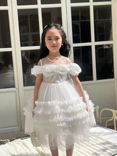 2025女童气质纯白主持连衣裙夏款高定公主裙儿童生日礼服裙白纱裙