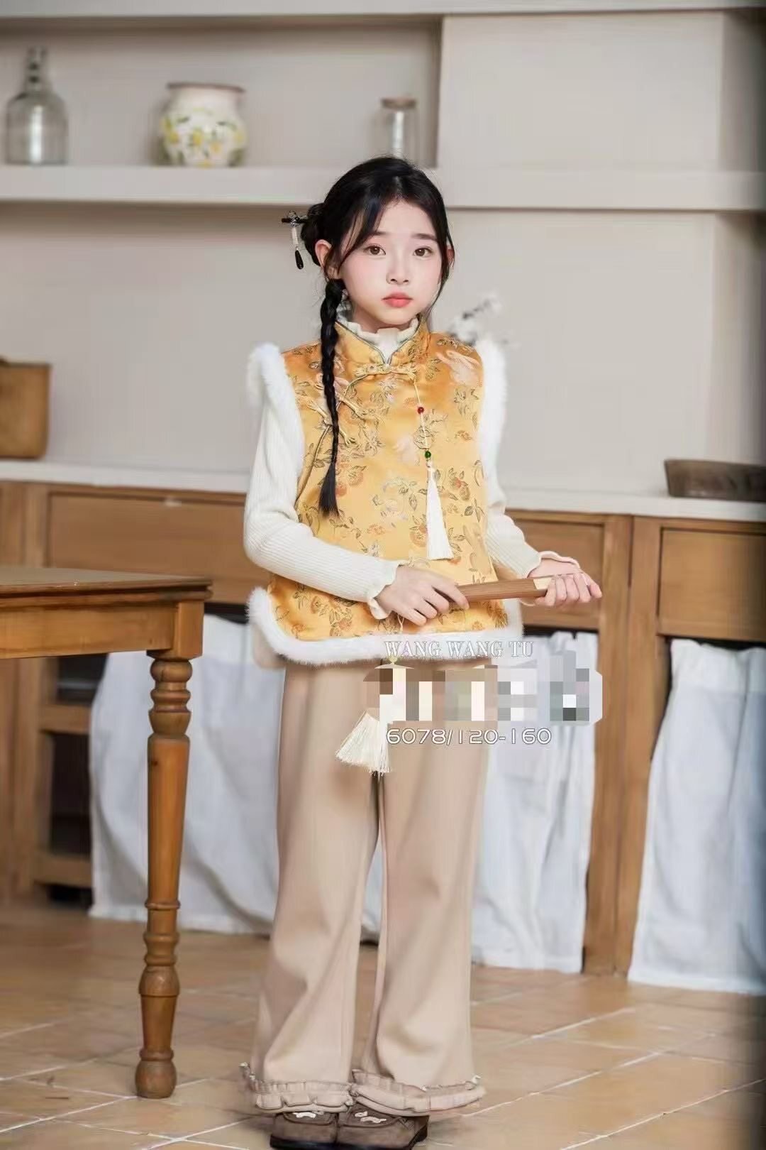 女童冬款拜年服汉服套装加棉马甲坎肩毛衣裤子三件套年款中式唐装