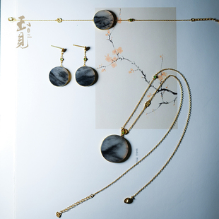 玉见和田玉青花项链水墨丹青耳环手链18K金镶嵌