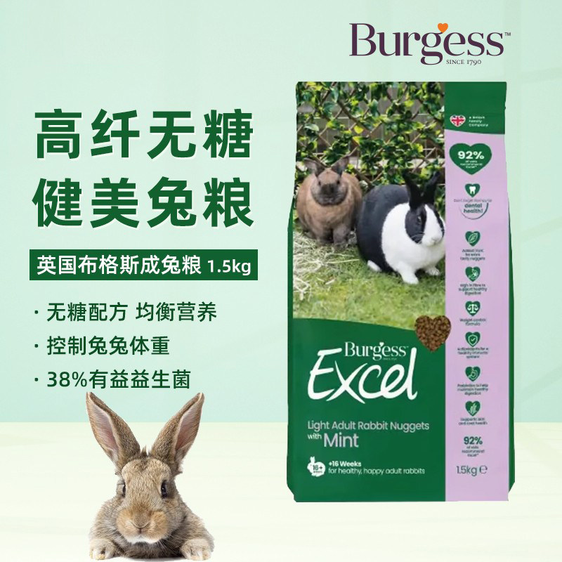 新包装英国Burgess布格斯健美成年兔粮1.5kg兔子饲料控制体重27.2