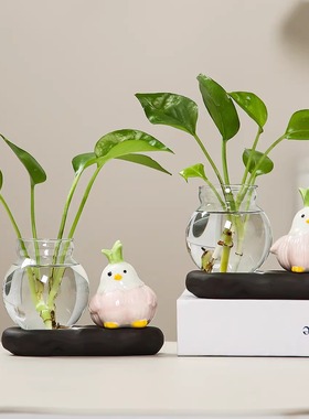 陶瓷可爱蒜鸟绿萝水培花瓶家居摆件办公室桌面插花器皿创意装饰品