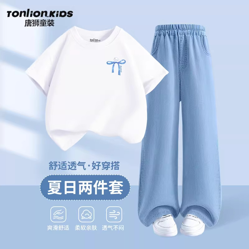 唐狮童装女大童夏套装2026新款初中女孩夏季纯棉短袖t恤儿童裤子
