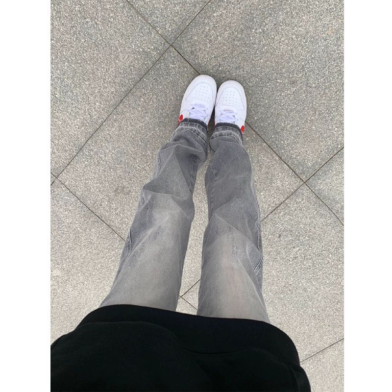 弹力欧美高街vibe裤子美式微喇水泥色牛仔裤男修身小脚直筒潮