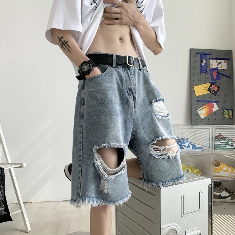 牛仔短裤男夏薄款破洞毛边设计小众高街潮牌ins新款五分裤潮流