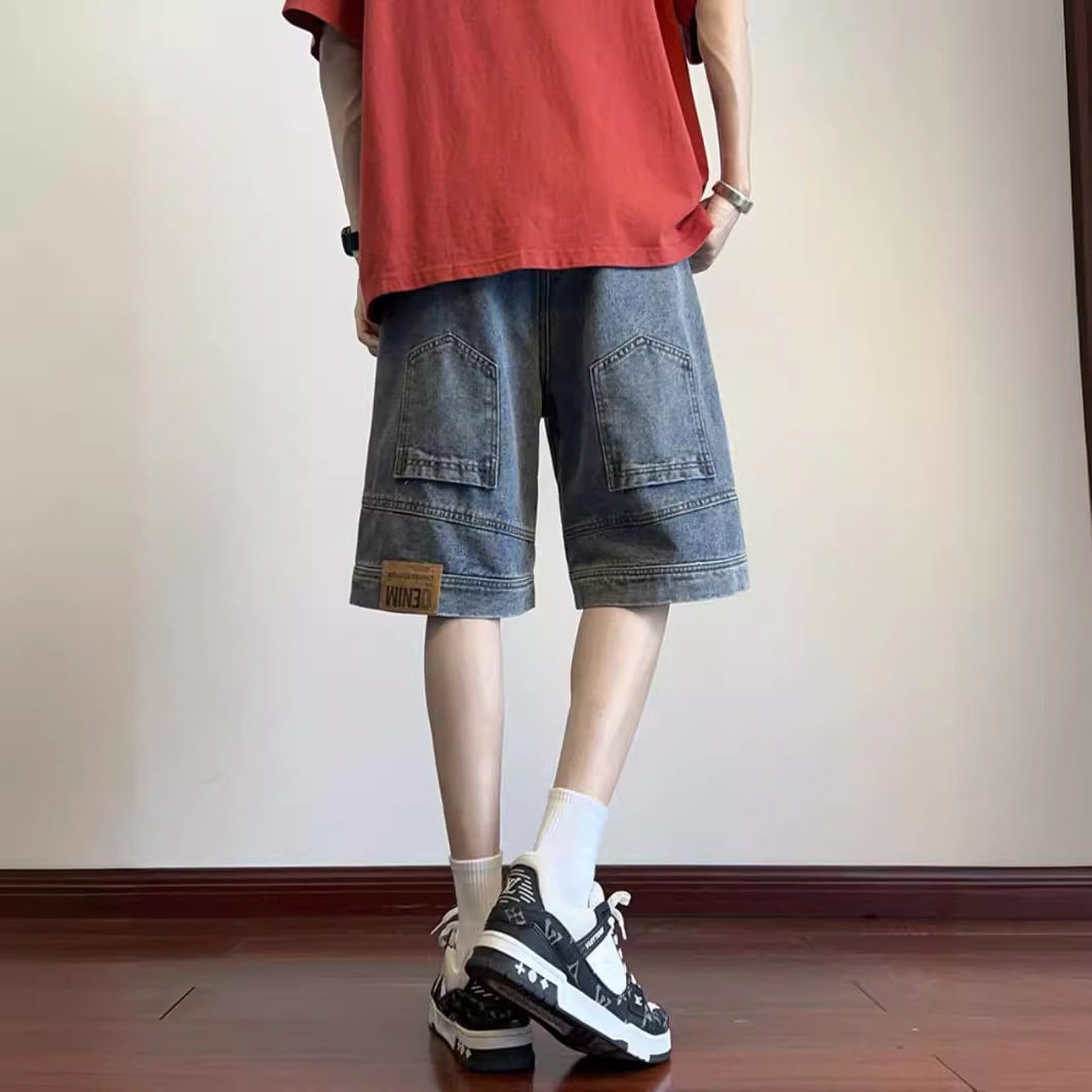 夏季倒装牛仔短裤男美式高街反穿水洗宽松直筒休闲五分裤over