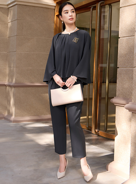 翠盈cuiying翠盈优雅蝙蝠袖纯色个性上衣哈伦裤通勤套装女88151