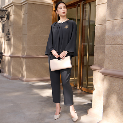 翠盈cuiying翠盈优雅蝙蝠袖纯色个性上衣哈伦裤通勤套装女88151