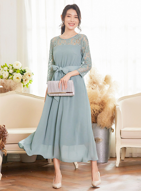 翠盈cuiying日系优雅气质蕾丝拼接中袖圆领雪纺长款连衣裙88529