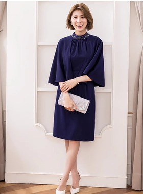 翠盈秋女套裙新名媛修身显瘦圆领斗篷蝙蝠袖一步连衣裙88205