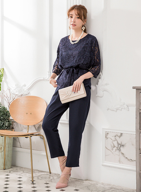 夏季新品日式女装蕾丝上衣加连衣裙九分裤女三件套88308