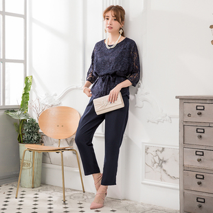 夏季新品日式女装蕾丝上衣加连衣裙九分裤女三件套88308