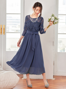 翠盈cuiying日系优雅气质蕾丝拼接中袖圆领雪纺长款连衣裙88528