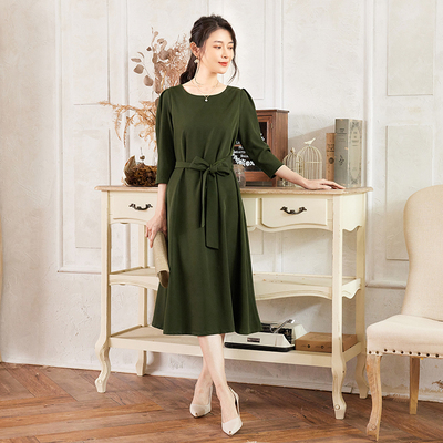 翠盈cuiying春夏女裙新款纯色圆领系带宽松腰大摆套头连衣裙88315