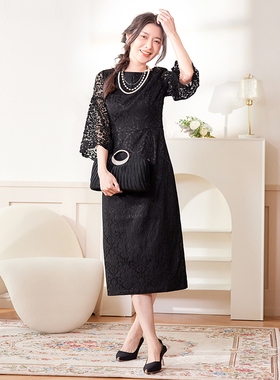 翠盈女裙新款韩版轻熟优雅礼服提花蕾丝拼接袖圆领连衣裙88218