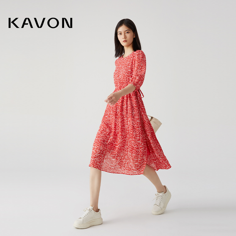 Kavon/卡汶高洁优雅东方美印花抗皱透气收腰系带显瘦七分袖连衣裙