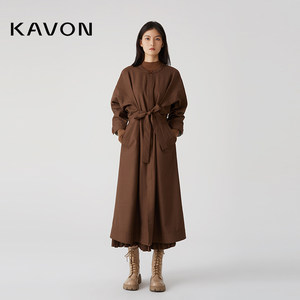 Kavon/卡汶简约通勤英伦风飒爽美拉德系带蝙蝠袖裙摆造型风衣外套