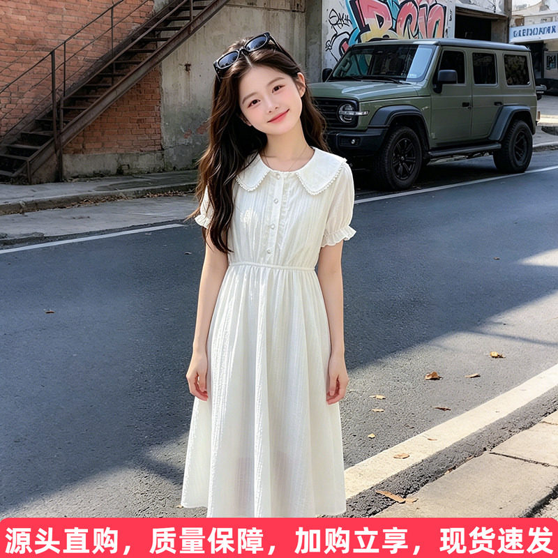 韩系珍珠娃娃领短袖裙图片