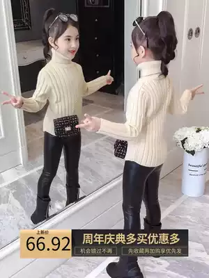 Girls ' white turtleneck sweater pullover 2021 new middle and large children's autumn and winter knitwear western style black base