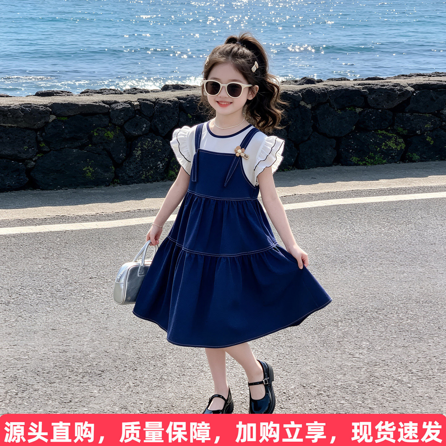 韩系假两件牛仔背带裙图片