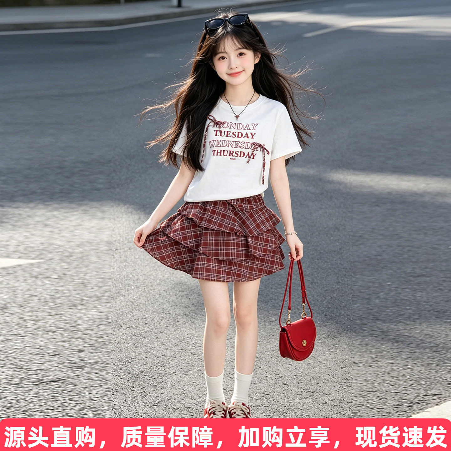 韩系蝴蝶结蛋糕裙套装图片