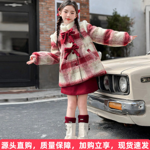 女童连衣裙秋冬款夹棉加厚套装女大童红色过年服儿童毛呢外套裙子