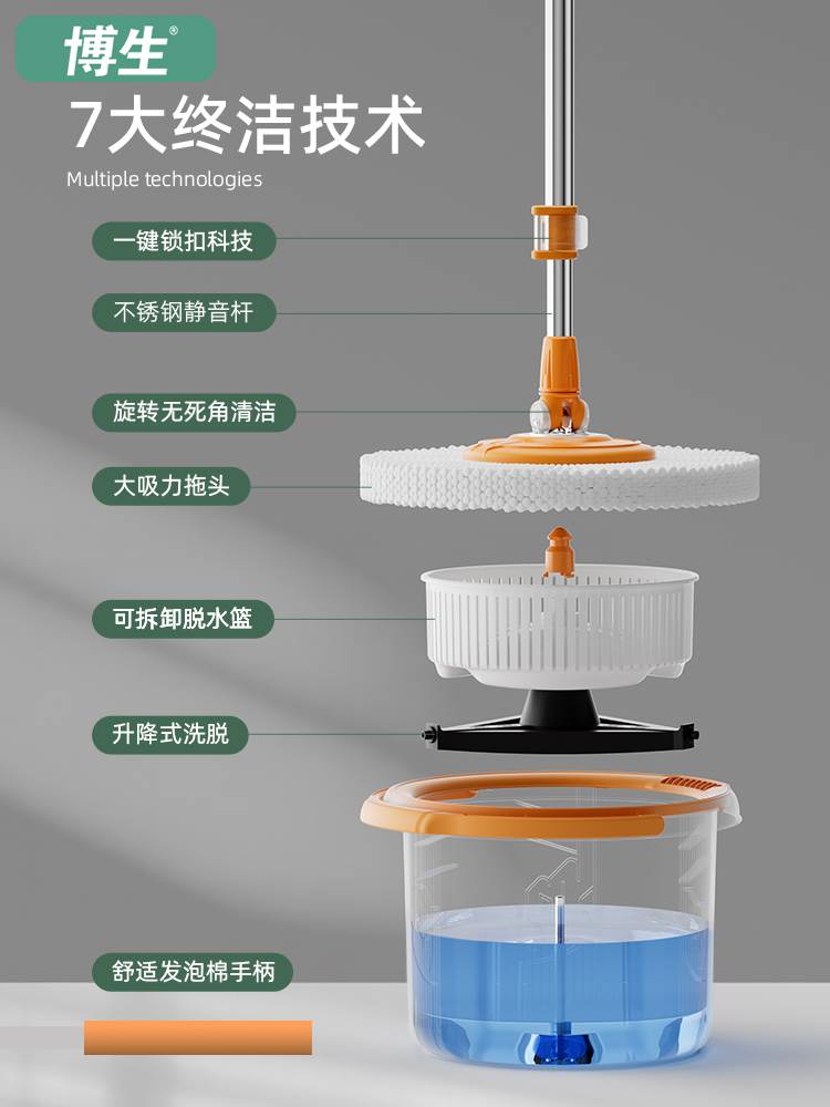 博生免手洗旋转拖把家用一拖净拖地桶2023新款拖布墩懒人拖地神器