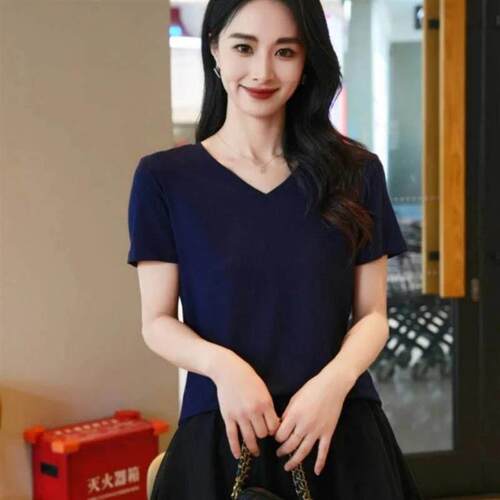 豪依苍精选铺2V领短袖大码显瘦洋气时尚宽松休闲气质百搭女士T恤