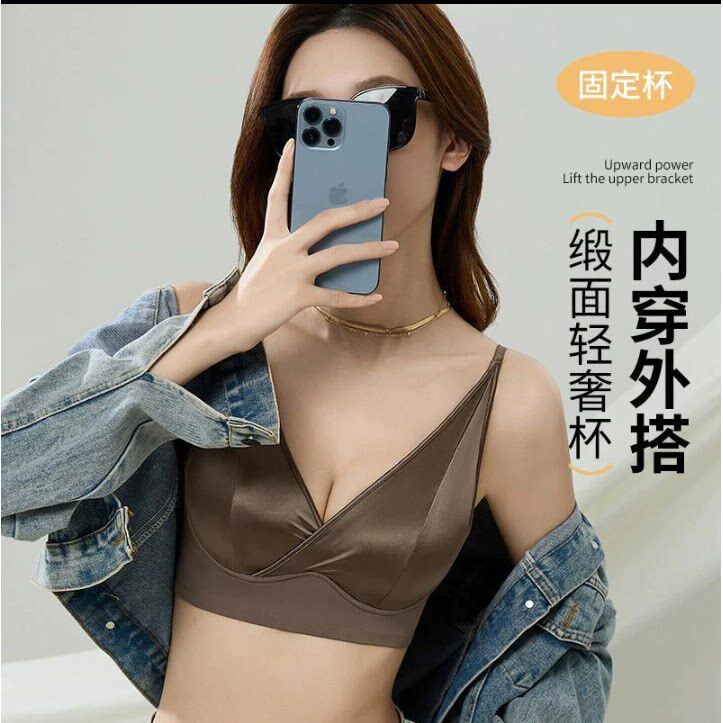 【美背】高定时尚轻奢法式缎面固定杯无钢圈裹胸性感薄款胸罩内衣