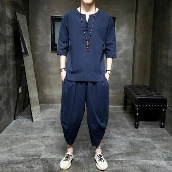 VINSAME3亚麻男短袖t恤中国风男装中式棉麻套装佛系唐装汉服禅服