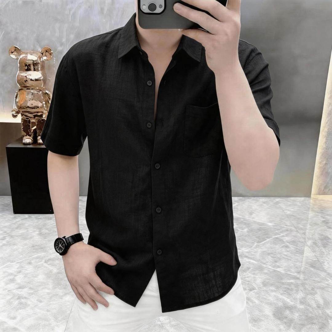 蓝及轻奢高端夏季男士老钱风慵懒风短袖衬衫潮流休闲时尚半袖男装