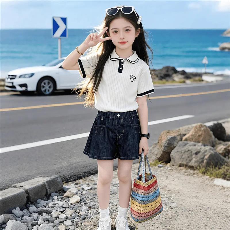 麦多多童装优选2女童夏装套装儿童洋气针织衫学院风POLO衫两件套