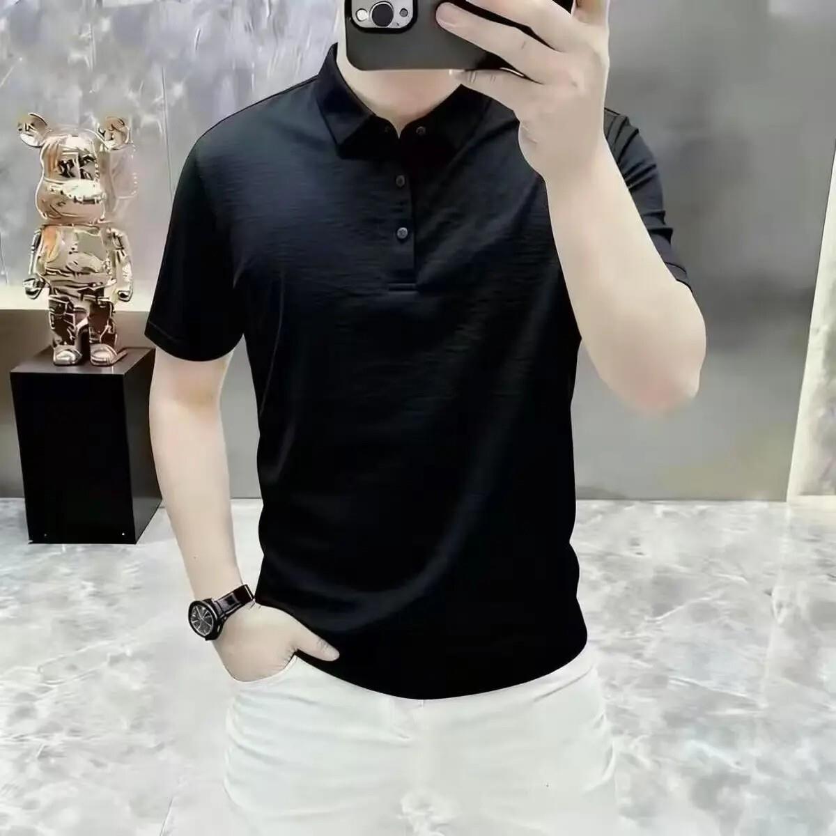 万申臻选服饰2夏新款polo衫男短袖天丝麻纯色修身薄款翻领T恤凉感
