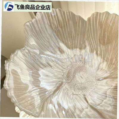 北欧现代花朵造型水果盘家用客厅简约I风零食托珠光贝壳白玻璃盘,