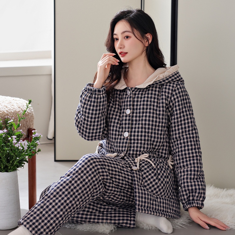 睡衣女冬季三层加厚梭织夹棉2024新款秋冬款连帽加绒珊瑚绒