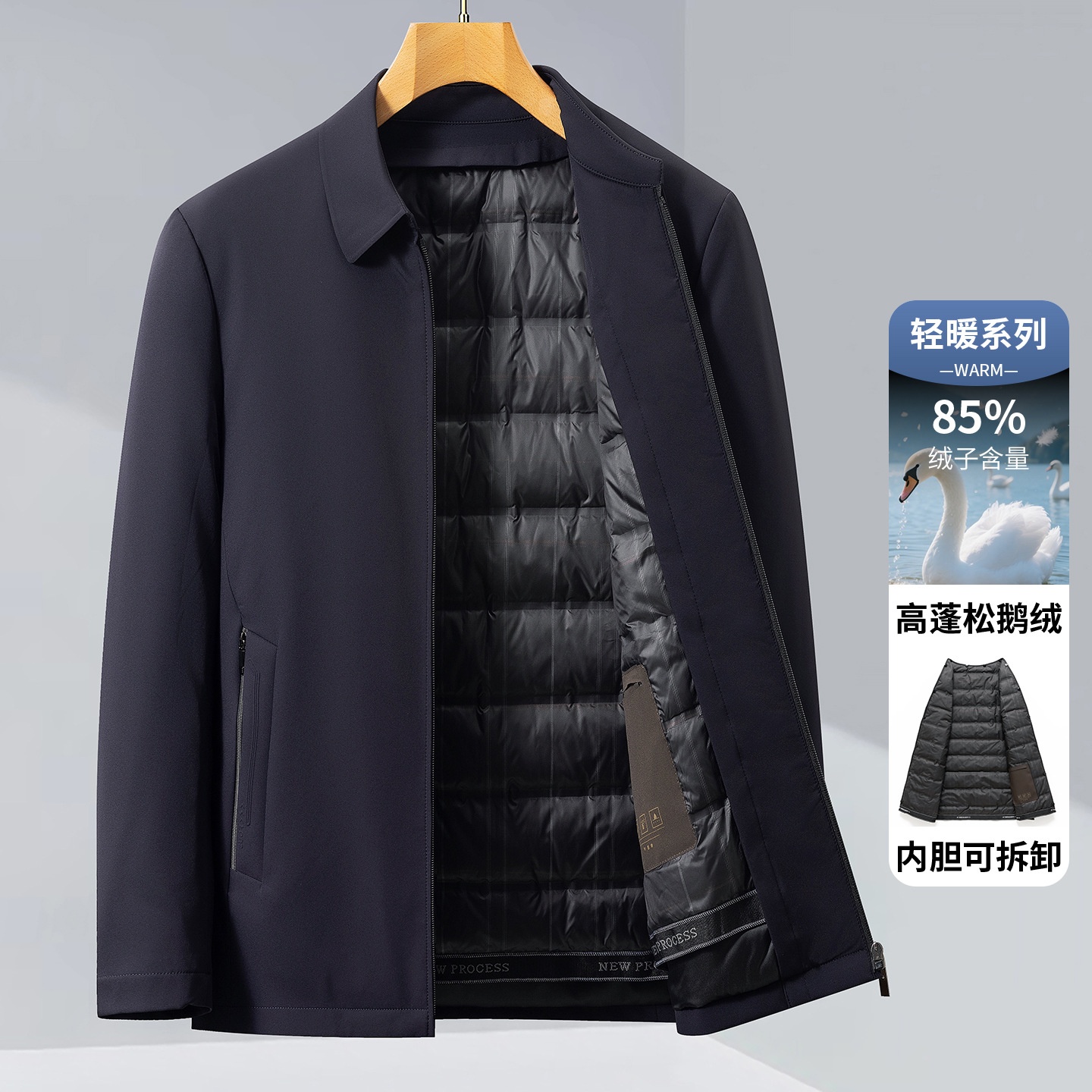 高端可拆卸内胆鹅绒羽绒服中老年行政夹克男2025爸爸加厚冬装